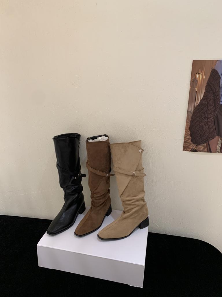 French thick heel suede piled boots women's shoes 2025 new spring and autumn winter belt buckle thin long boots