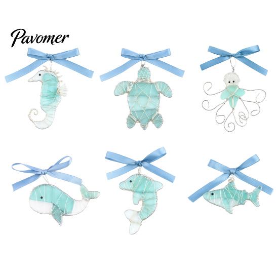 Artisanal Coastal Style Gifts Handmade Sea Glass Ocean Ornaments, 2D Wire Wrapped Christmas Tree Decoration, Story Collection Decor Turtle Octopus