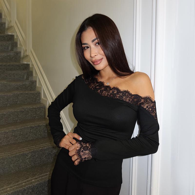 European Style One-Shoulder Lace Trim Slim Top - Autumn/Winter Women's Fashion