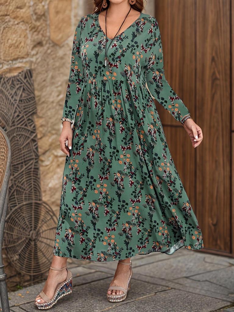Women's Floral Print Round Neck Long Sleeve Maxi Dress - Versatile, Slimming, Loose Fit