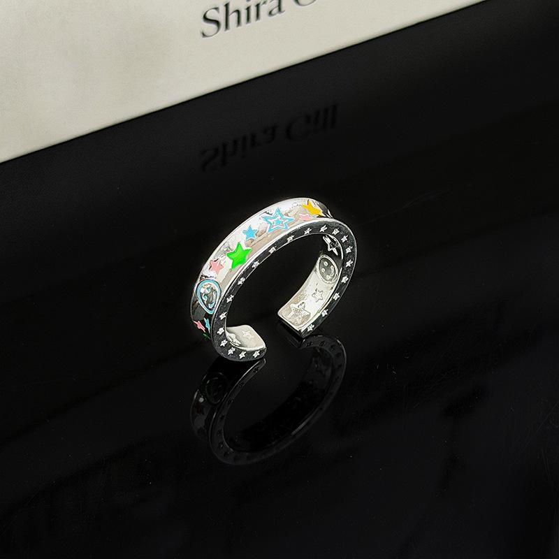 Sweet Sister, Childlike Fun, Colorful Stars, Cat Planet, Enamel Color, Open Ring, Niche Stacking, Wearing High-End Rings, Woman