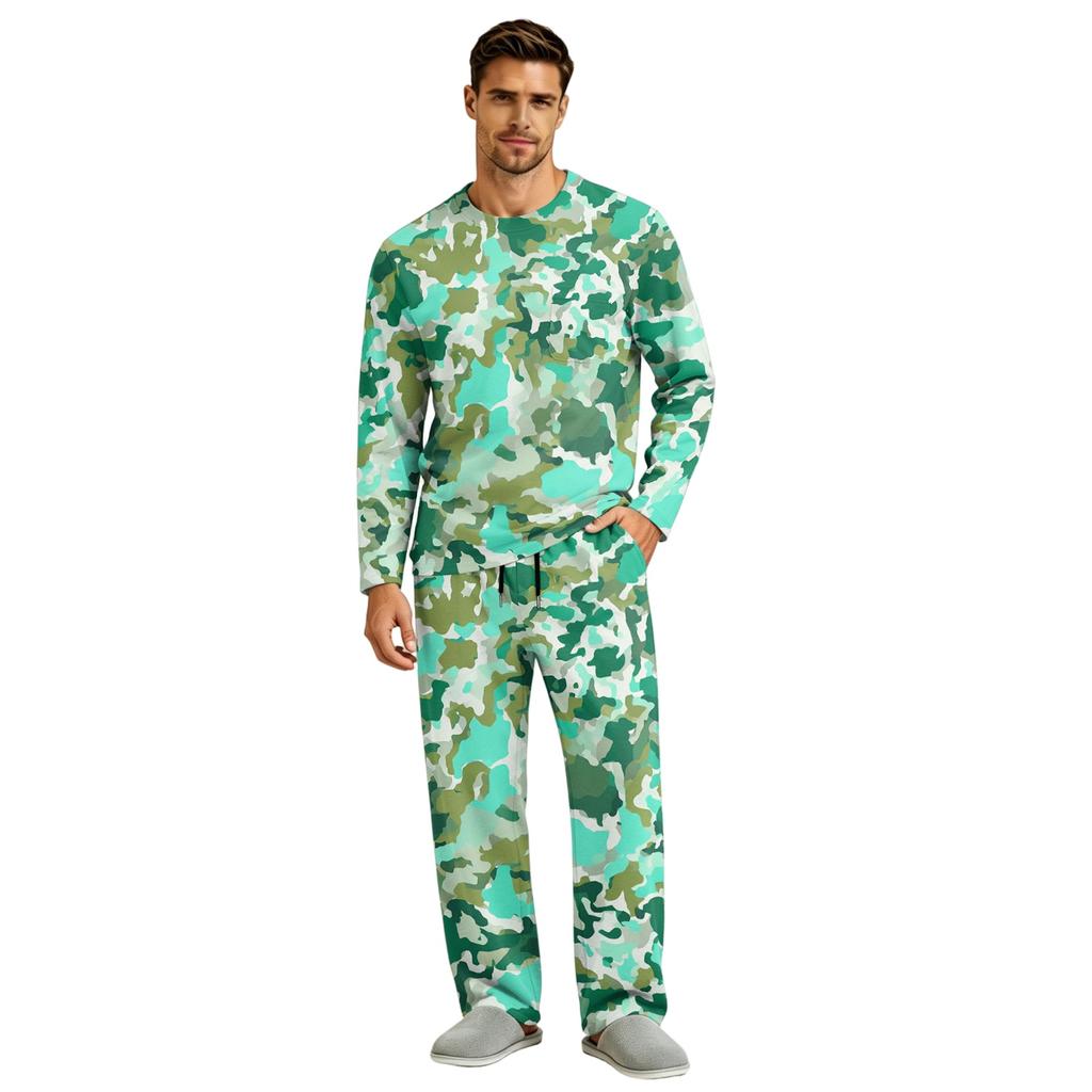 Men's Long Sleeve Pajama Set with Button Crotch and Elastic Drawstring Waist Pants for Home Loungewear