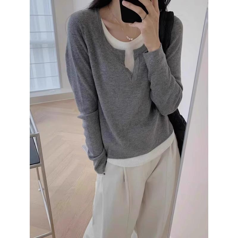 Chic Irregular Saum Damen Frühling und Herbst Break Zweiteiliges Patchwork Langarm T-Shirt Slim-Fit Unterteil Pullover