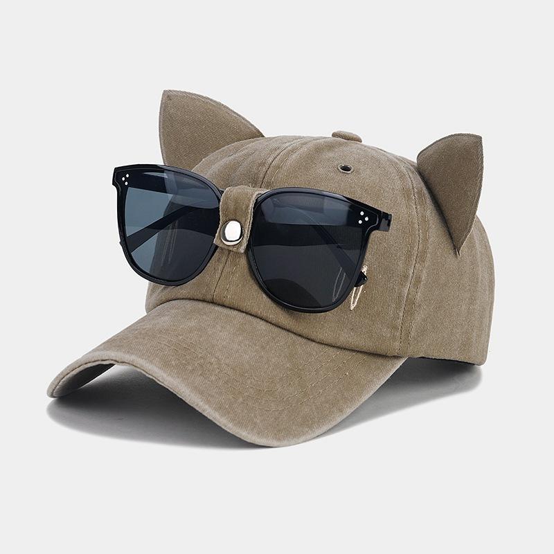 Cute cat ears pilot glasses baseball cap women street trend washed old cap outdoor sun protection cap