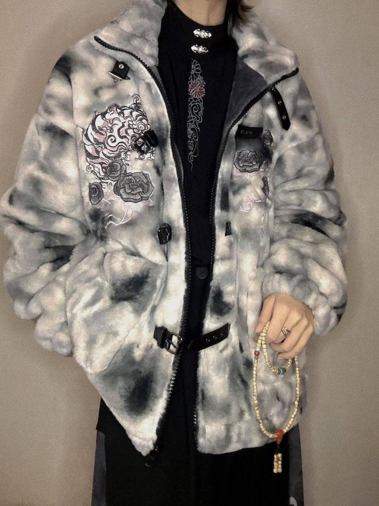 Dark Style Sheyin Faux Rabbit Fur Coat - Quirky Embroidered Stand-Up Collar for Autumn/Winter