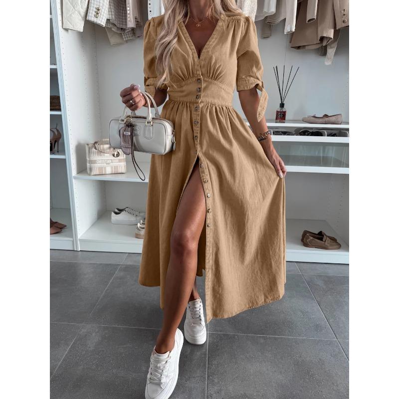 

Жіноча мода літо весна суцільний колір друк короткий рукав V-подібним вирізом висока талія повсякденні сукні L