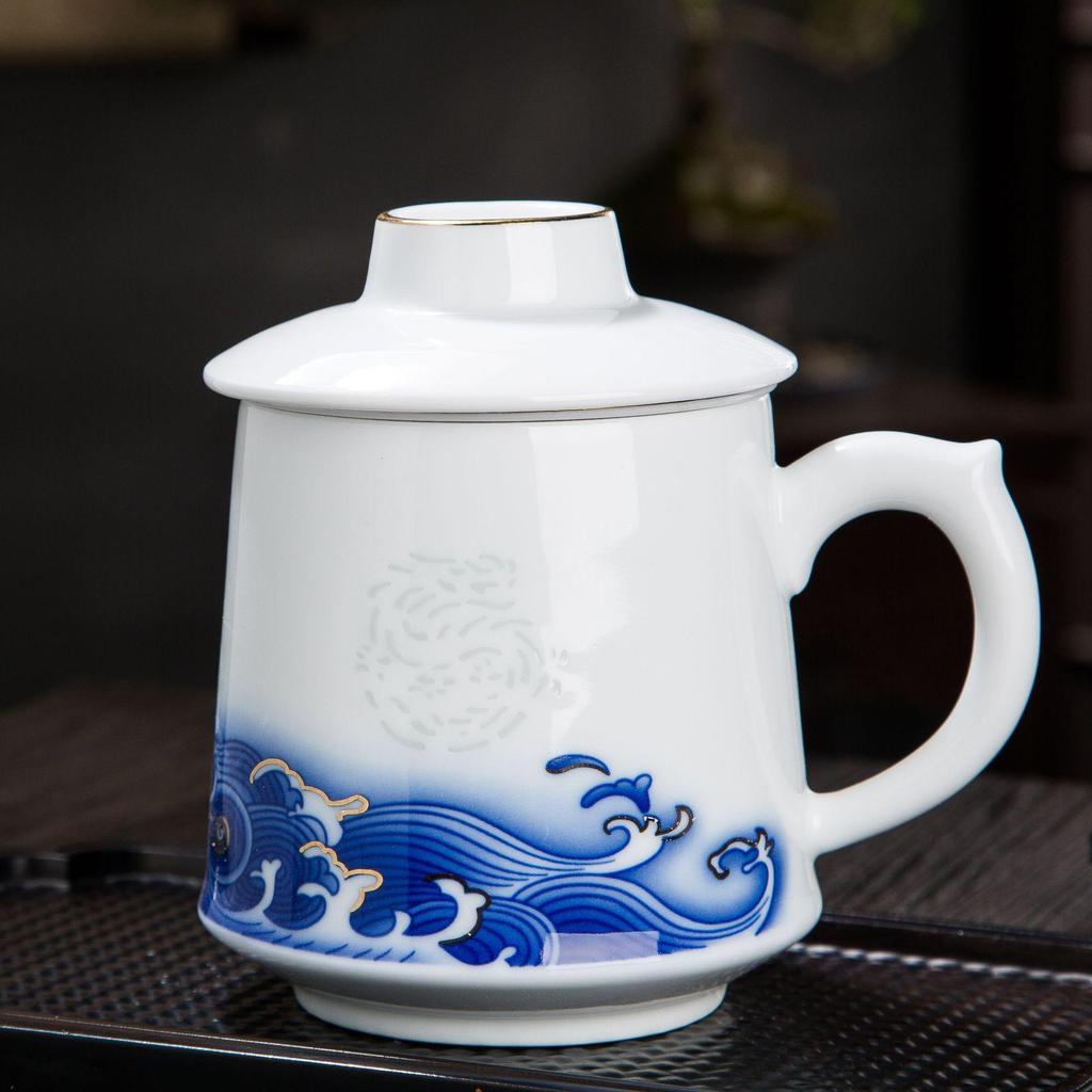 Handmade Blue and White Ceramic Office Mug with Filter - Large Capacity Tea Cup