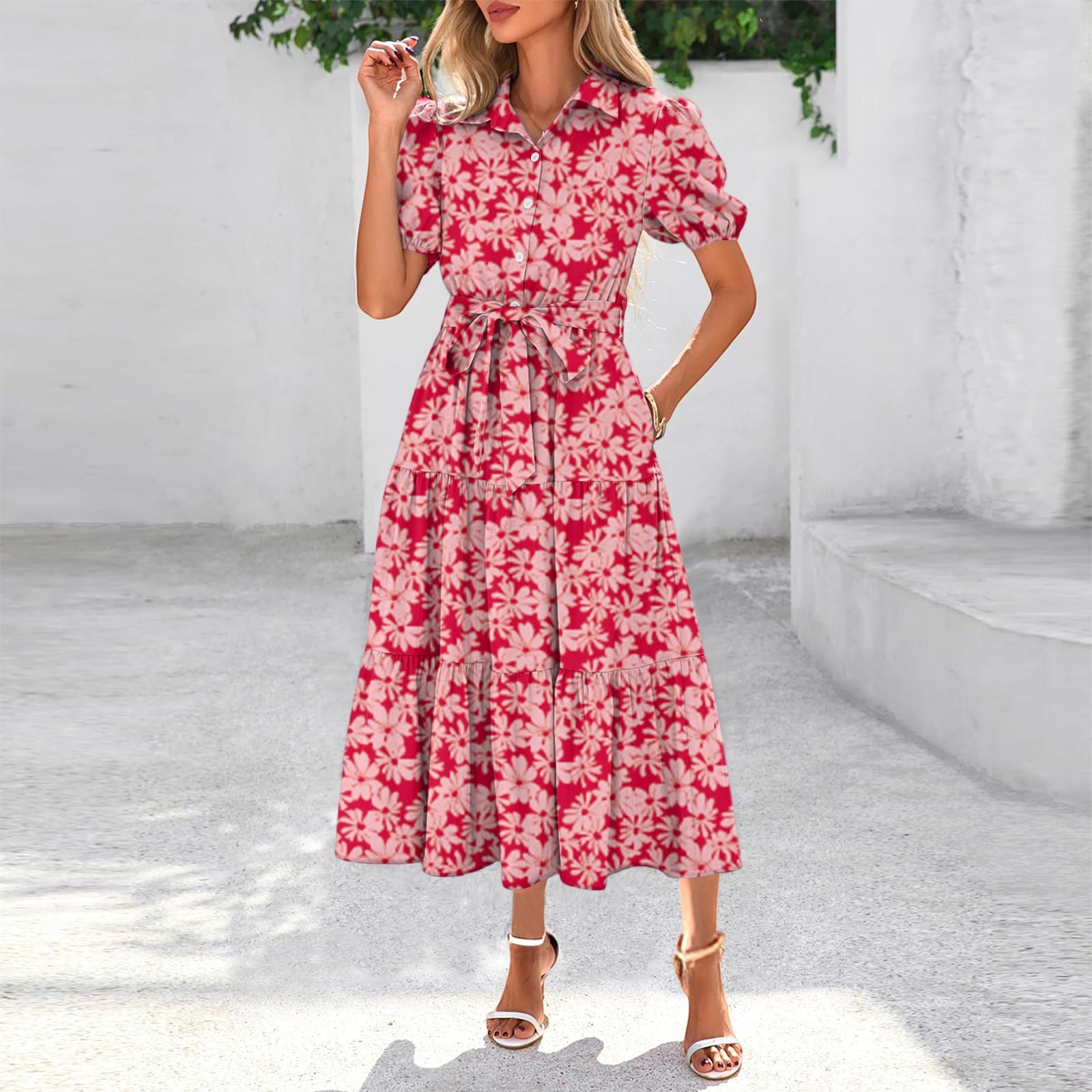 

Womens Summer Dresses Short Sleeve Button Tie Waist Boho Flowy Maxi Dress XL
