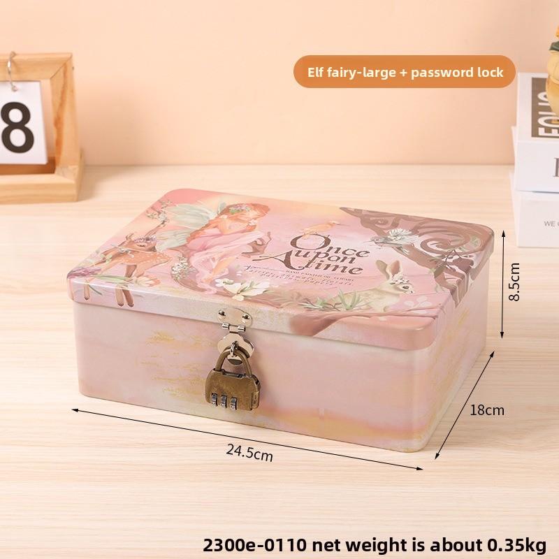 Retro Tinplate Box with Lock Key, Desktop Storage Box, Cosmetics, ID Storage, Household Jewelry Empty Box.