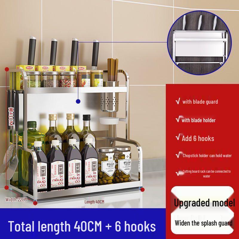 Multi-Functional 304 Stainless Steel Kitchen Shelf and Spice Rack with Knife Holder