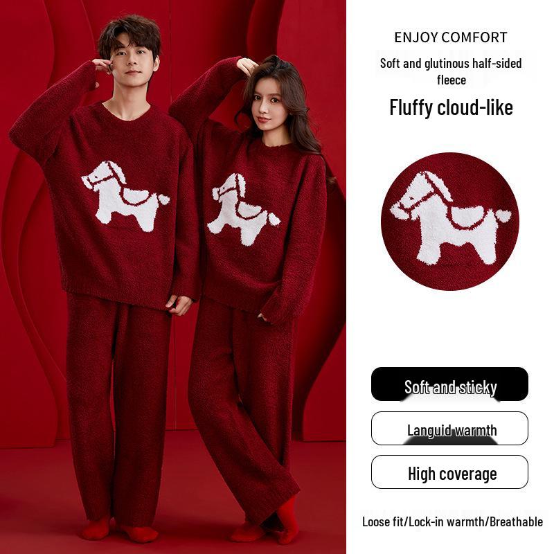 

Пижамы для пары из красного велюра с романтичным узором пони: Комплект из 2 предметов на осень/зиму. 2XL Woman + 2XL Man