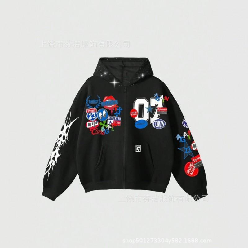 Mens Oversized Hooded Zip-Up Sweatshirt With Leopard Print Patchwork 3D Digital Design