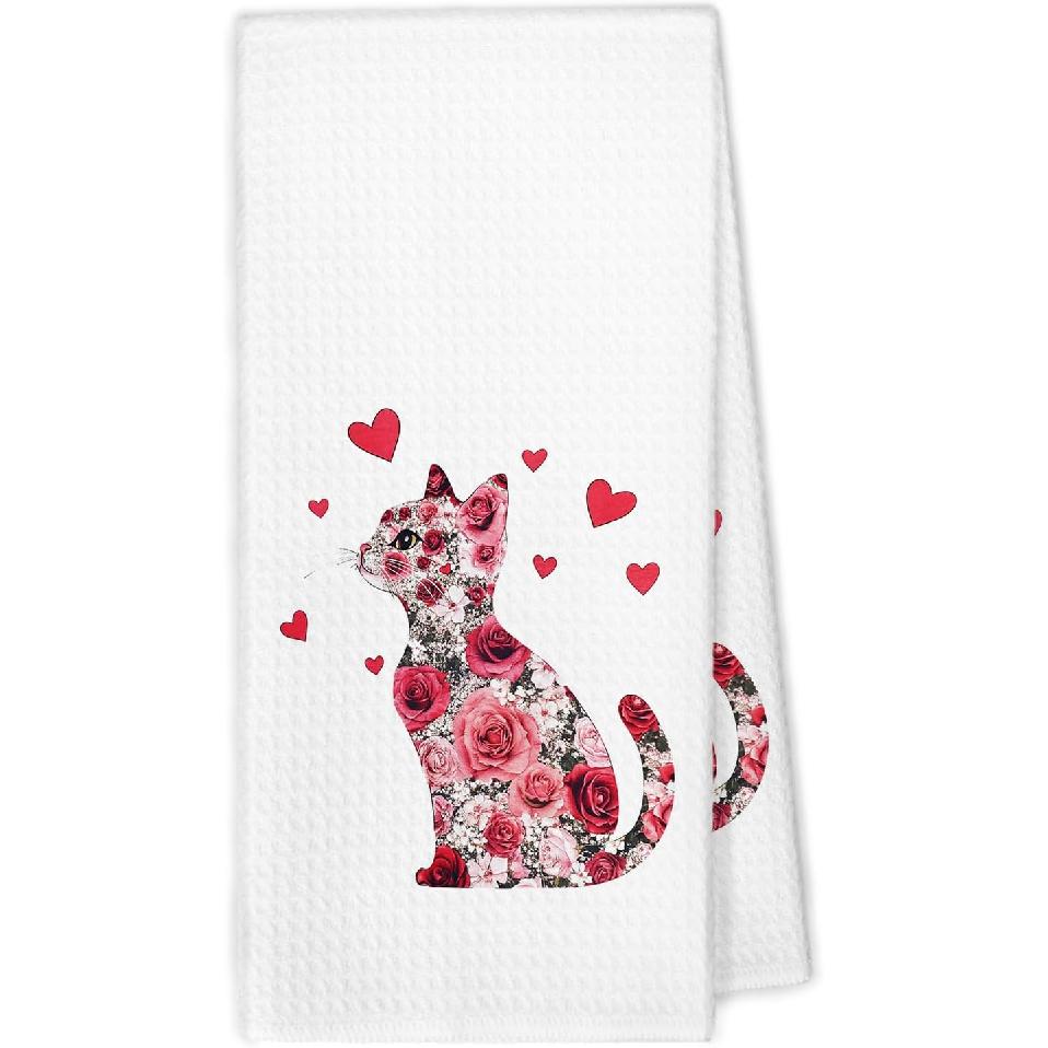 Flower Cat Kitchen Towels Set of 2, Floral Cats Mom Towels for Cat Lovers Women Girls Dish Hand Tea Towel, Cute Light Blue and White Chinoiserie