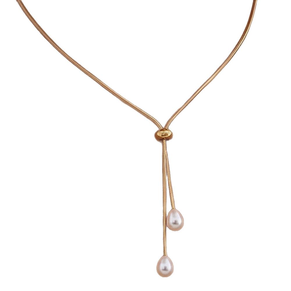 Adjustable Snake Bone Chain Water Drop Pearl Pull Necklace Women's Light Luxury Fringed Collarbone Chain High-end Accessories
