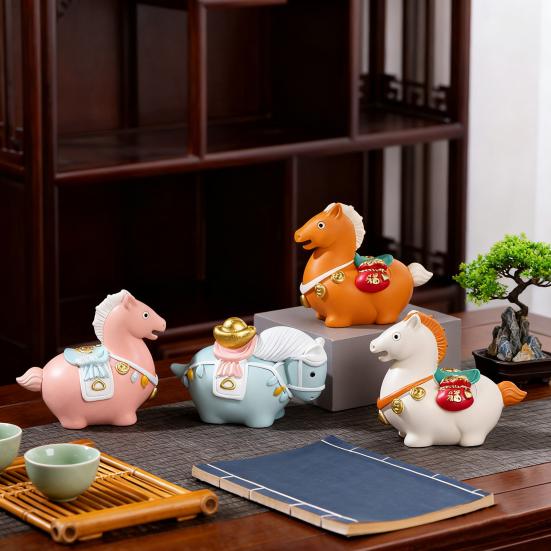 Cartoon Horse Figurine Bring Fortune Fat Lucky Pony Statue Resin Animal Sculpture Year of Horse New Year Decoration Ornament Gift