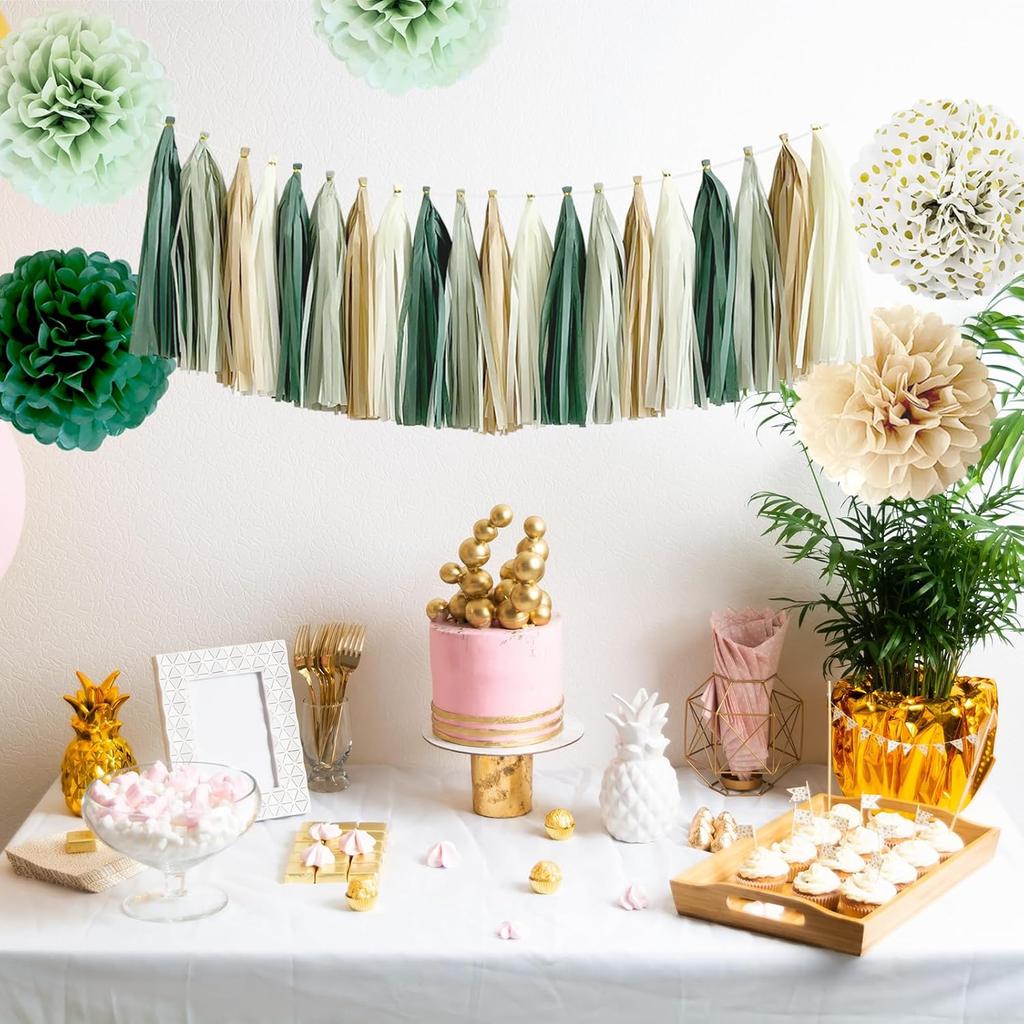 Engagement Party Decorations, Happy Engagement Banner Sage Green Tissue Pom Poms, Paper Lanterns, Circle Dot Garland for Couple Party Bridal Shower