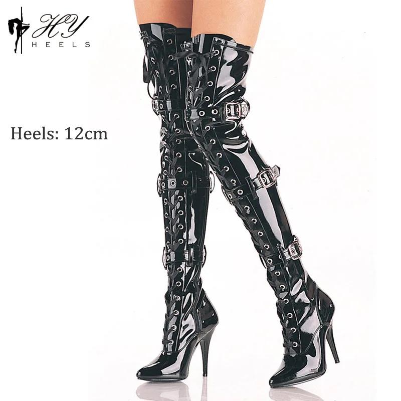 Mirror Buckle 12cm Sexy Over-the-knee Boots Temperament Fashion Boots Nightclub Pole Dance Pointy Skinny Heels Tall Female