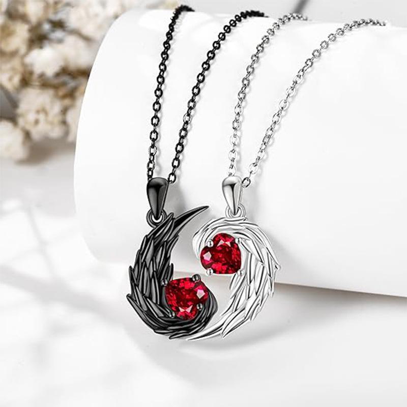 2Pcs Red Rhinestone Angle Feather Pendant Couple Necklace Set Valentine'S Day Gifts For Women Men Jewelry Accessories
