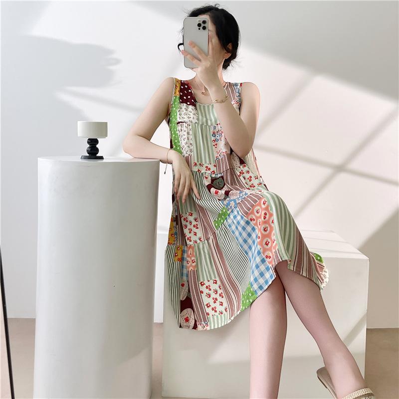 Women's Cotton and Silk Nightgown Summer Thin Internet Celebrity Large Size Printed Pajamas New Sleeveless Loungewear
