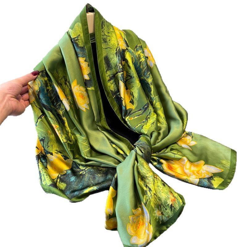Spring And Summer Thin Print Simulation Silk Brocade Sunscreen Light Rhyme Blue Flower Silk Scarf Long Scarf Shawl Versatile Headscarf Scarf