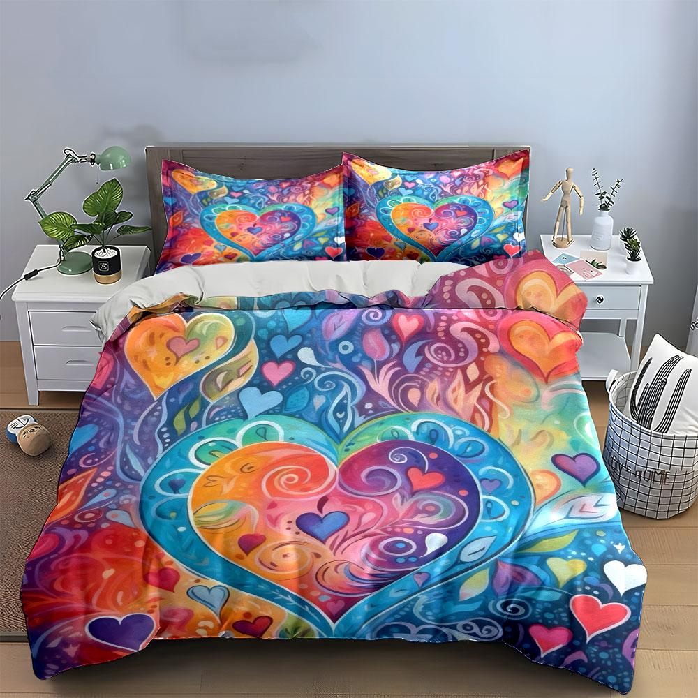 Colorful Abstract Heart Decor Set Soft Comfortable Duvet Cover Bedding Set Included 1*Duvet Cover & 2*Pillowcases, Gift