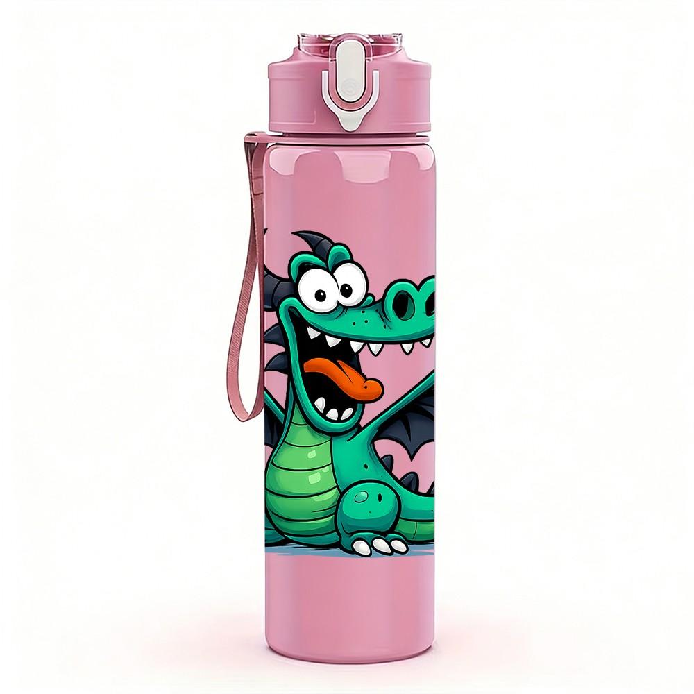 1PC Green Cartoon Dragon 750ml Color Plastic Sports Water Bottle Leakproof Flip Straw Lid Suitable for Sports Office Home Use