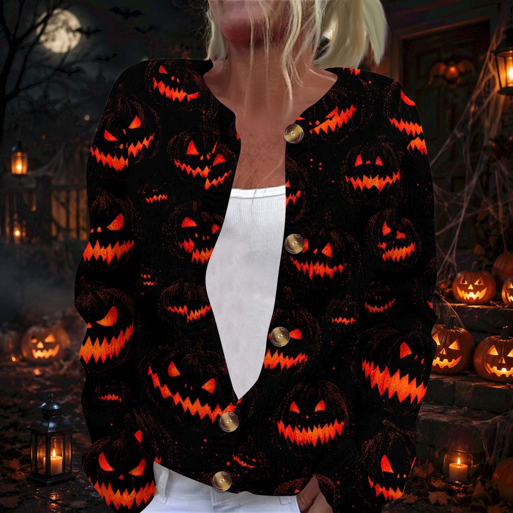 Women's Halloween Print Long Sleeve Knit Cardigan with Button Front