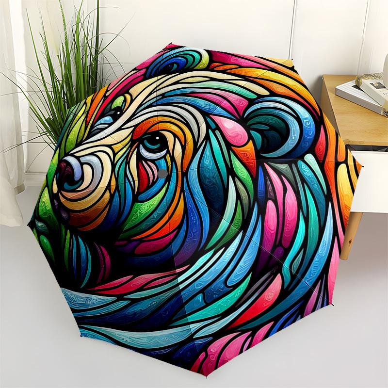 1pc Colorful Bear Head Stained Glass Auto Open Close Umbrella, Portable Tri-Fold Design with 8-Rib Iron Frame, Outdoor for Fans, Travelers, Daily Use,