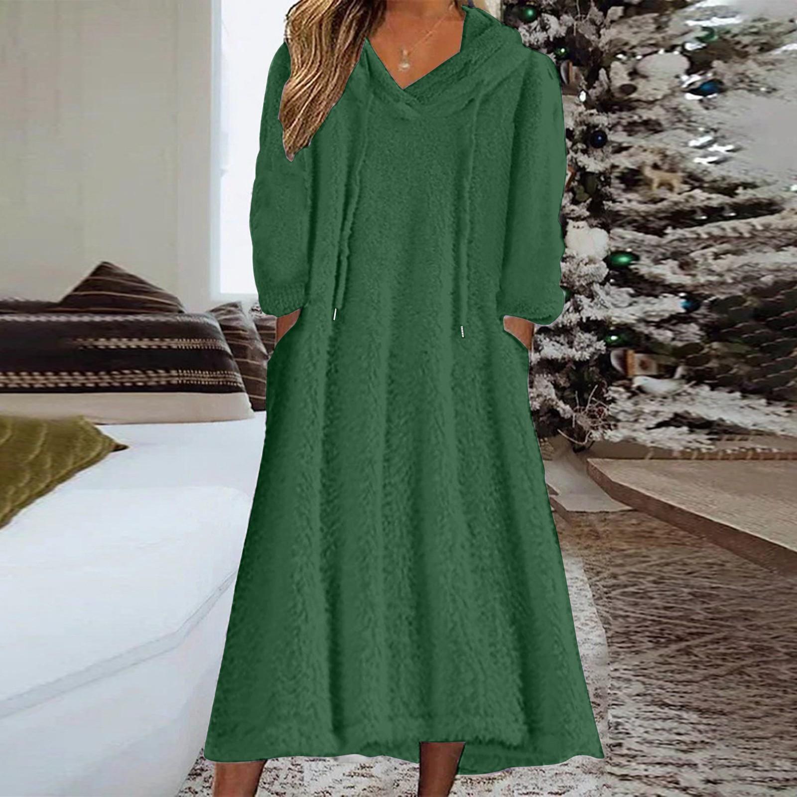 Women s Casual Round Neck Long Sleeved Pullover Loose Wool Hooded Long Sleeved Dress XXL