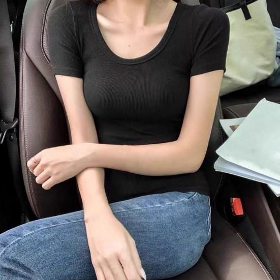 Tee Shirt O-Neck Short Sleeve Ribbed Women T-shirt Summer Top Solid Color Slim Fit Streetwear Blouse