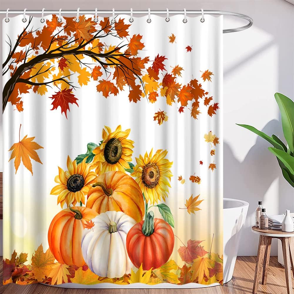 GCTNBJL Fall Shower Curtain Pumpkin Maple Leaves Sunflower Autumn Thanksgiving Day Harvest Farmhouse Seasonal Holiday Rustic Cou