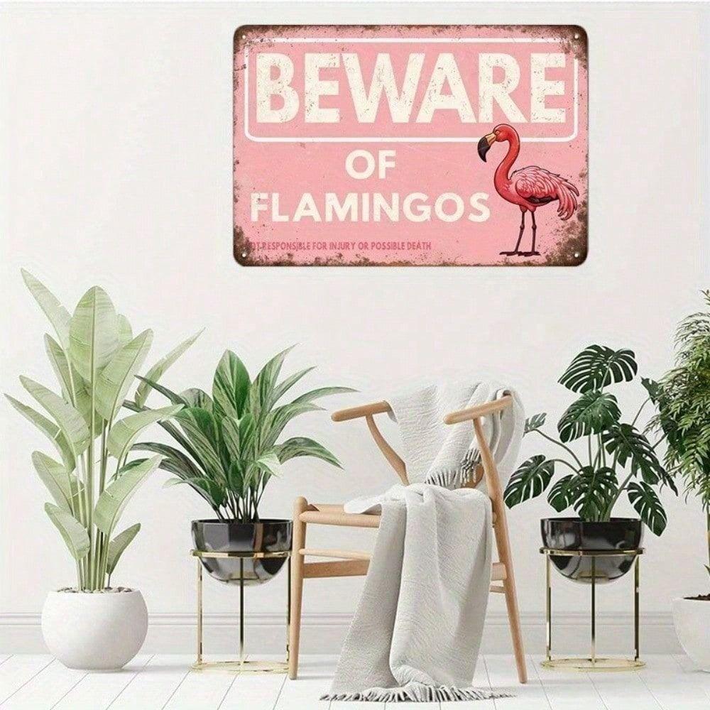 Vintage Flamingo Metal Wall Sign, Beware Warning Plaque for Garden Decor
