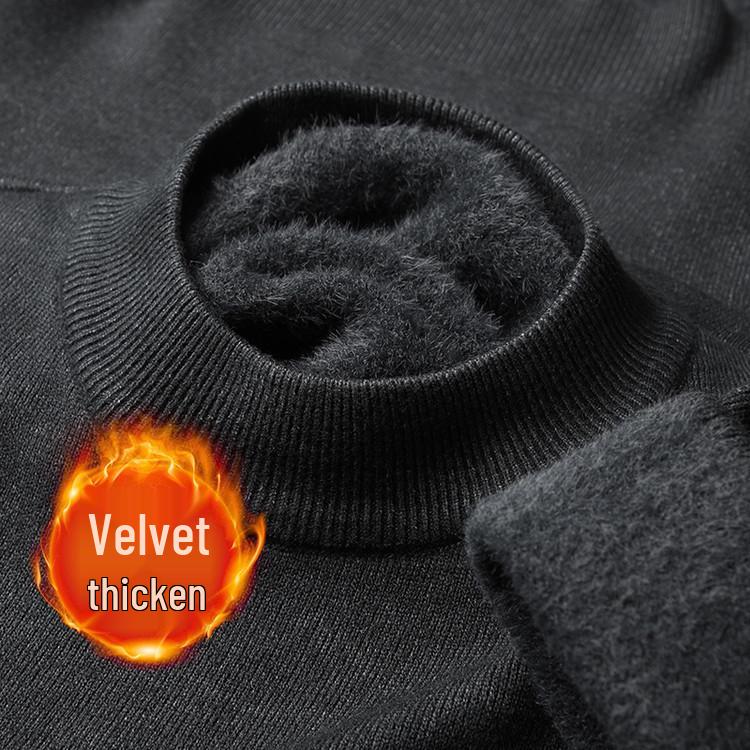 Men's Thick, Warm Knitted Sweater - Fleece-Lined, Half-High Collar, Long Sleeve, Solid Color Winter Base Layer.