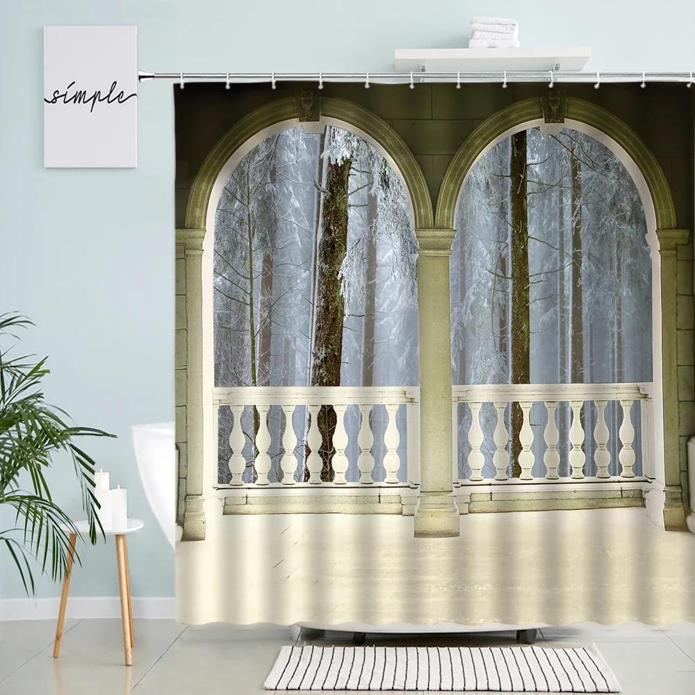 Winter Forest Scenery Shower Curtain Trees Snow Arched Doors Windows Natural Scenery Bathroom Decor With Hook Waterproof Screen