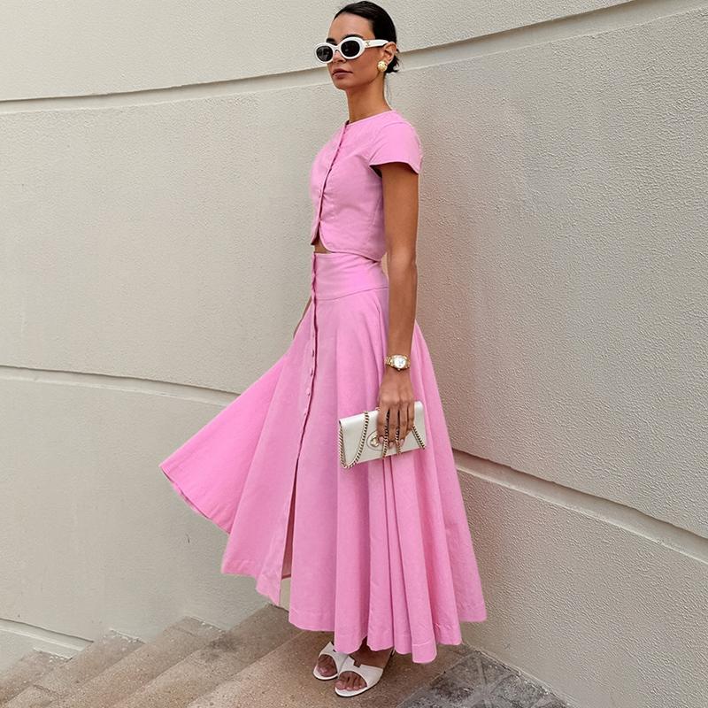 Women's Skirt Set Solid Color O-neck Short Sleeved Slim Top A-line Loose Short Skirt 2025 Summer New Fashion Women's Two-piece Set