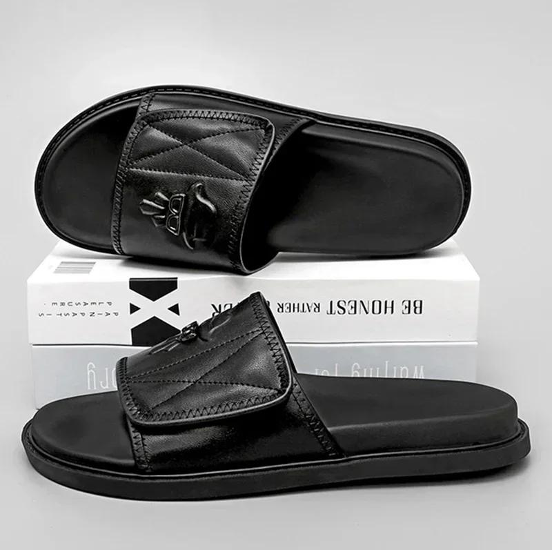 First-layer Cowhide Men's Slippers Light Luxury High-quality Slipper Handmade Genuine Leather Mens Sandals Non-slip Slippers Men