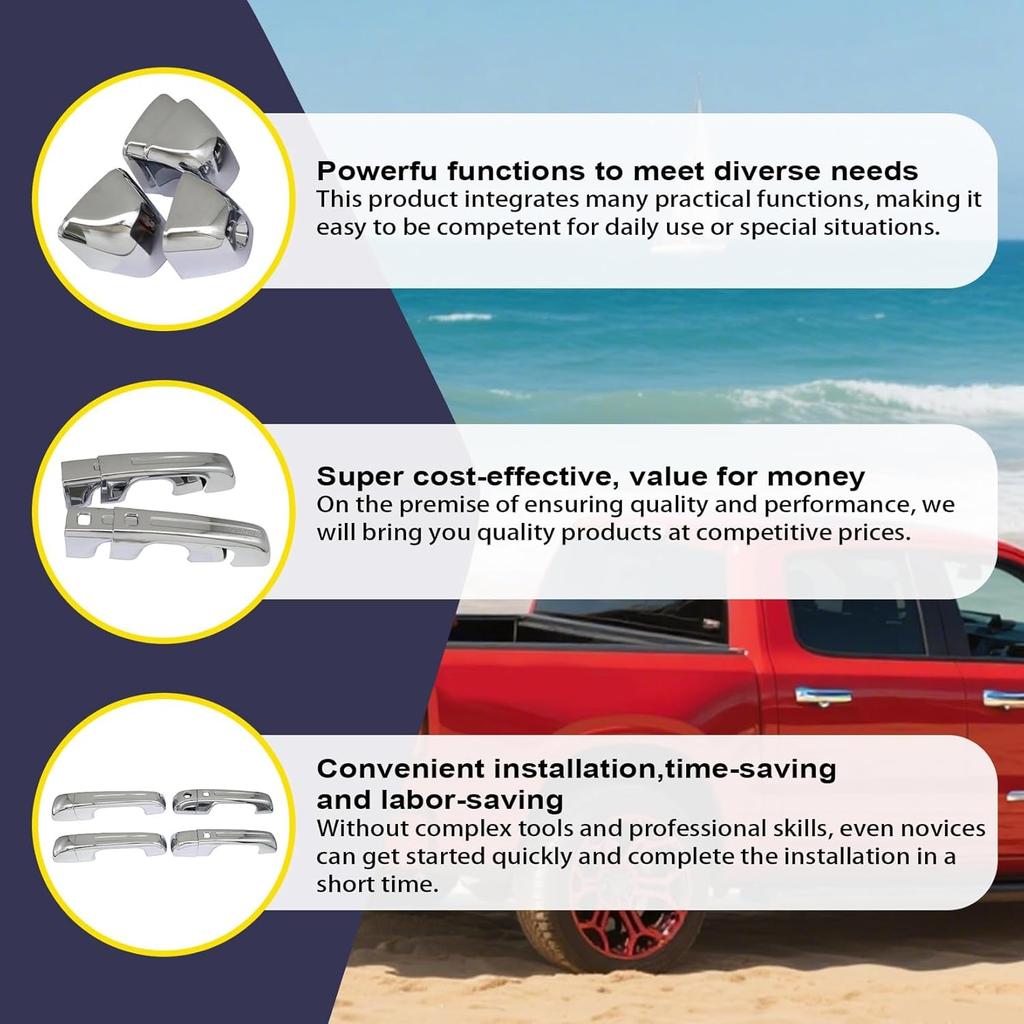 4 Pcs Chrome Door Handle Covers With 2 Front Smart Keyholes Cutout Compatible with 2019-2024 Ram 1500 4DR Model