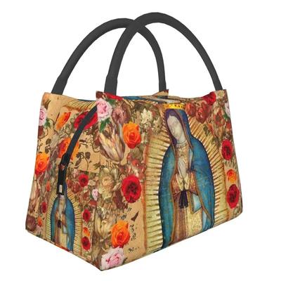 Geantă de prânz termică izolată cu design floral pentru femei, cu design catolic din Mexic, reutilizabilă, pentru depozitarea mesei, cutie de călătorie