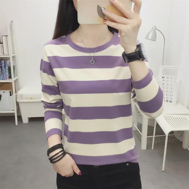 Spring 2024 Korean Oversized Striped Cotton Long-Sleeve Women's T-Shirt
