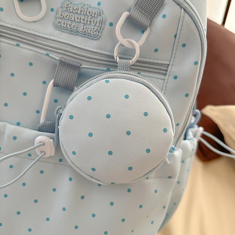 Women's Wave Point Print Backpack Junior High School Student Schoolbag Large Capacity Backpack with Coin Purse