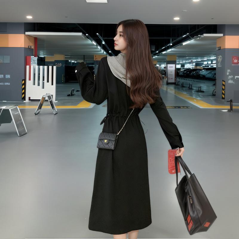 Autumn and Winter New Ladies' Casual Slimming Fake Two-piece Hooded Sweater Dress Waist Dress