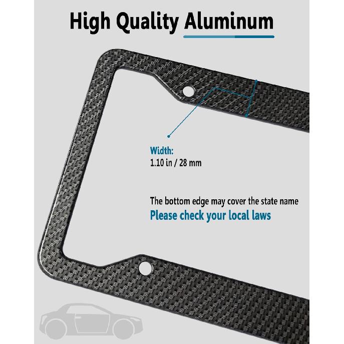 Carbon Fiber License Plate Frames- 2 Pack Black Aluminum Front & Rear Auto Car Tag Holder, Heavy Duty Bracket With Mount Hardware, Screws Caps,