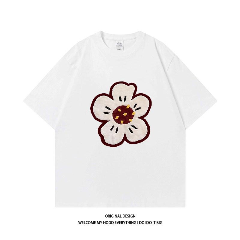 Pure Cotton Designstyle Plush Flowerprint Shortsleeved Simple And Versatile Loosefitting Casual Roundneck Tshirt