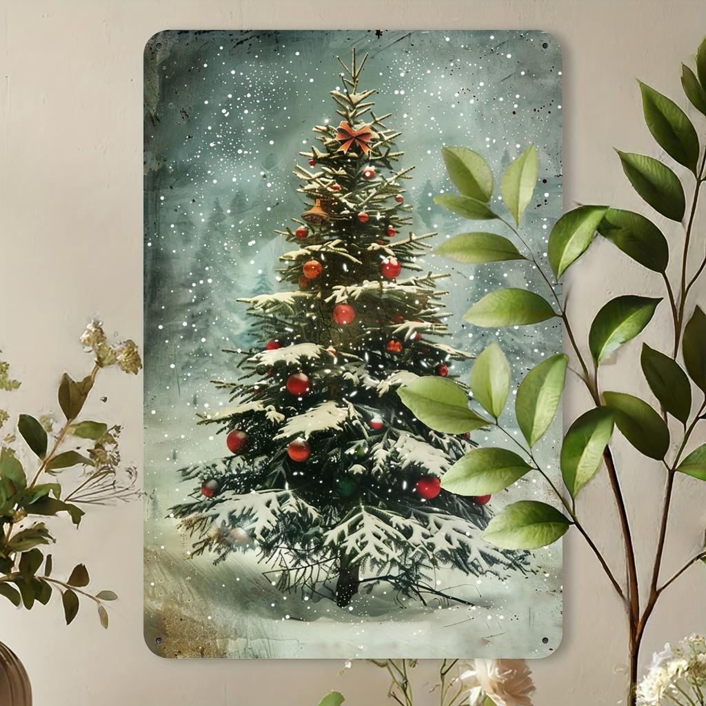 Vintage Christmas Tree Metal Tin Sign Wall Art Decor, Winter Holiday Gallery Living Room Bathroom Coffee Shop Garage Iron Foil E