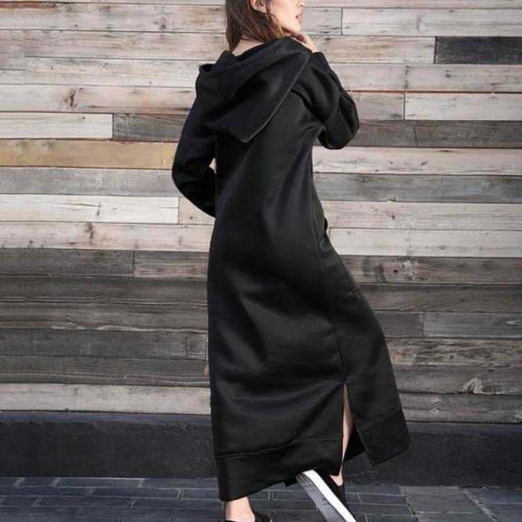 Women Sweatshirt Dress Hooded Solid Color Long Sleeve Front Drawstring Autumn Winter