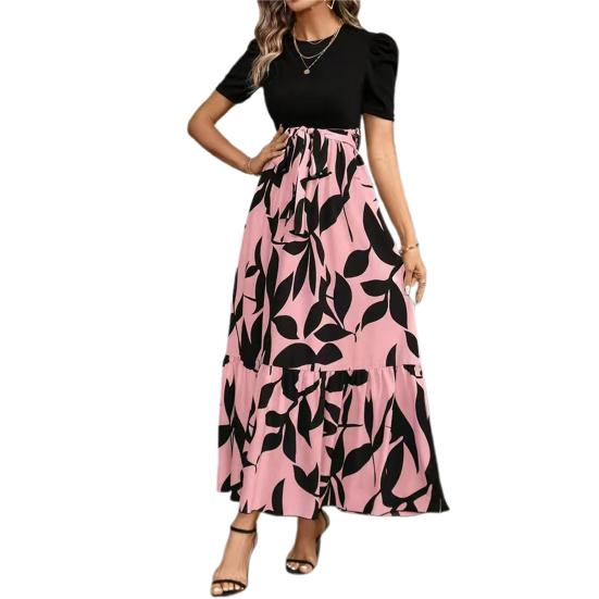 

Летнее платье с круглым вырезом, коротким рукавом, высокой талией, длинное платье с принтом листьев и струящимся подолом, повседневная одежда M