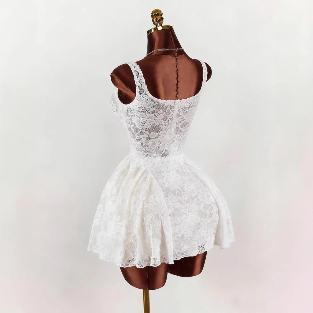 European and American new women's white lace dress square collar broadband waist bud puffy skirt