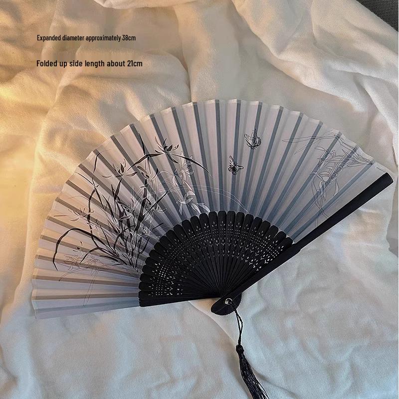 Ancient Chinese Style Black Bamboo Folding Fan for Women's Hanfu Dance Costume