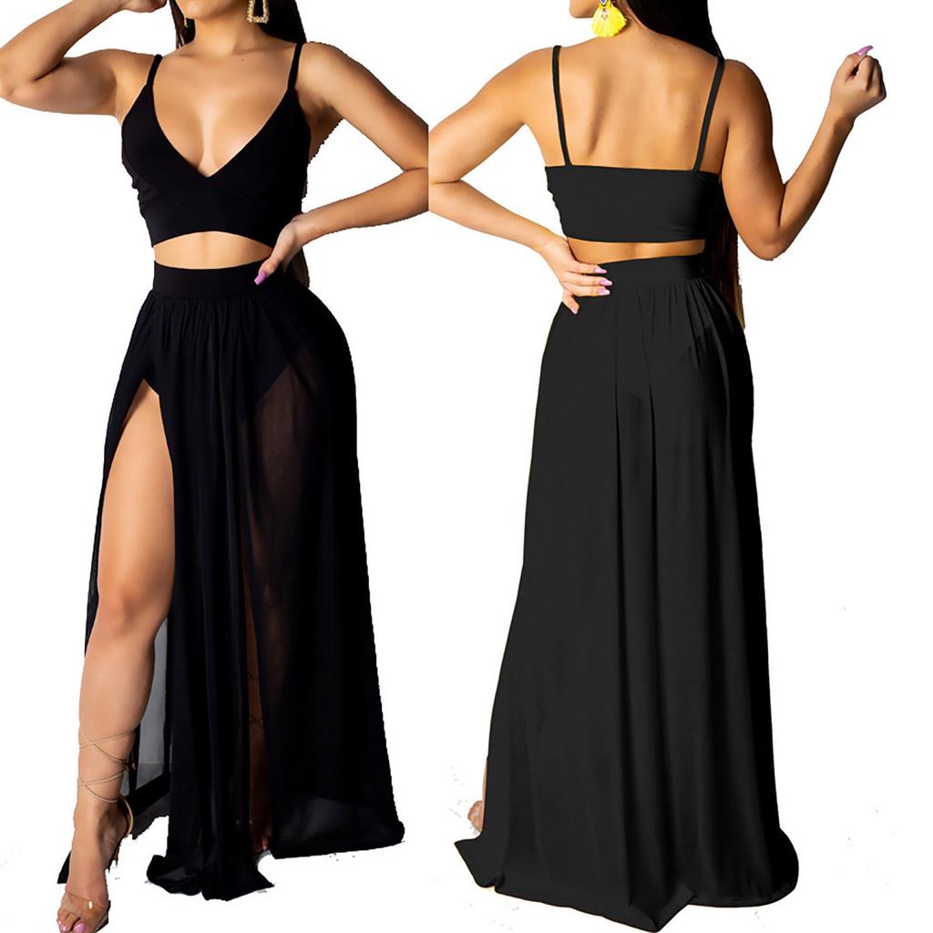 Women Sexy Suit  High Split Print Suspender Two Piece  Camisole Skirt Suit