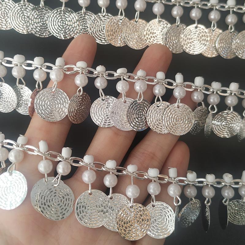 90cm Ethnic Style Fringe Trim Metal Sequin Chain Trim Sewing Tassels Fringe Beaded Ribbon Craft Waist Chain Garment Accessory